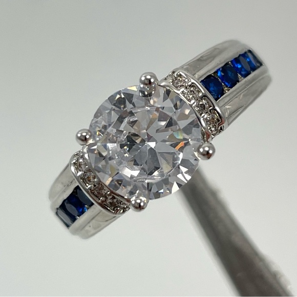Rings Engagement Women’s Jewelry Round Cut Blue White Diamond CZ Silver Plated